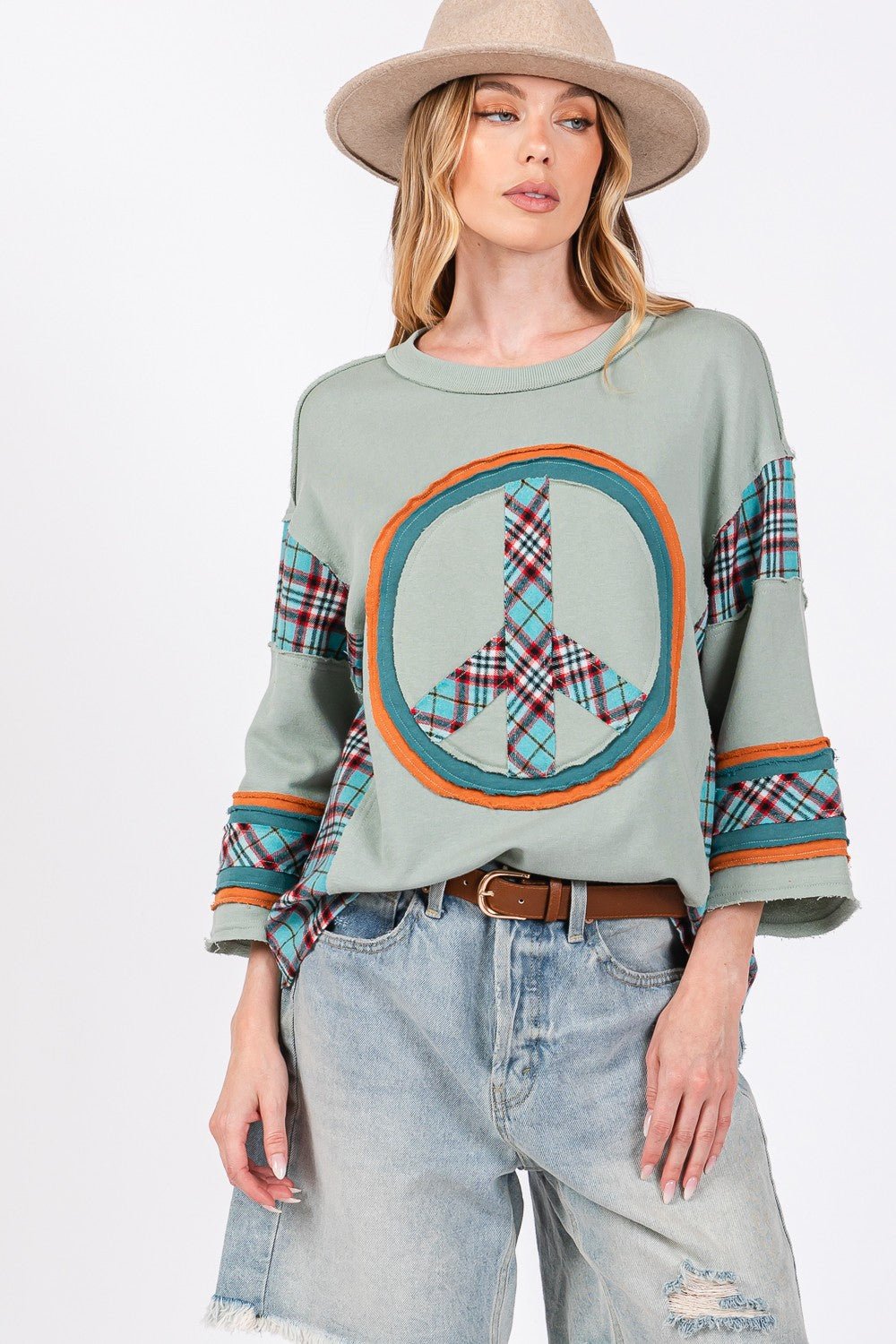 SAGE+FIG - Plaid Peace Patch Top in Autumn Sage