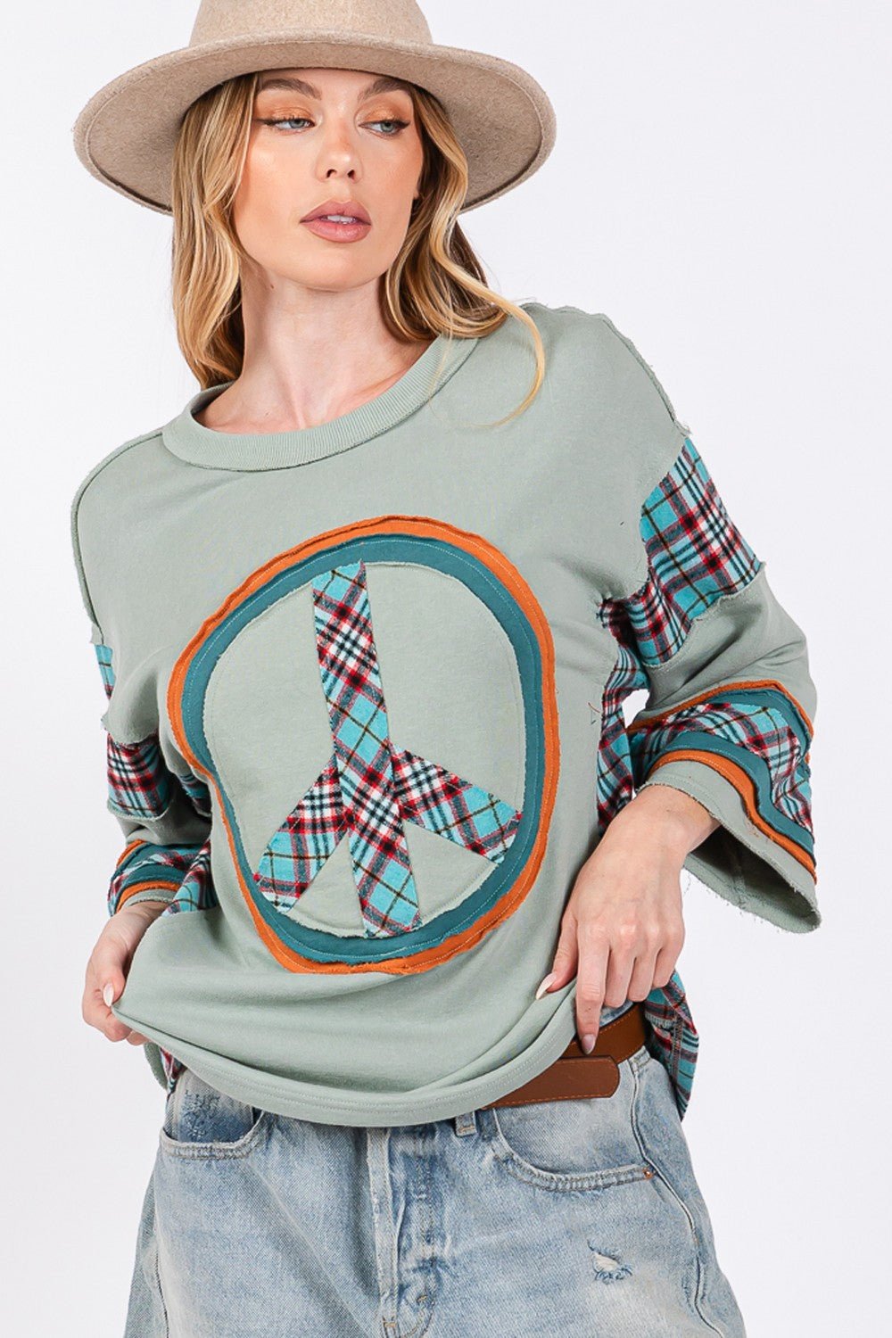 SAGE+FIG - Plaid Peace Patch Top in Autumn Sage