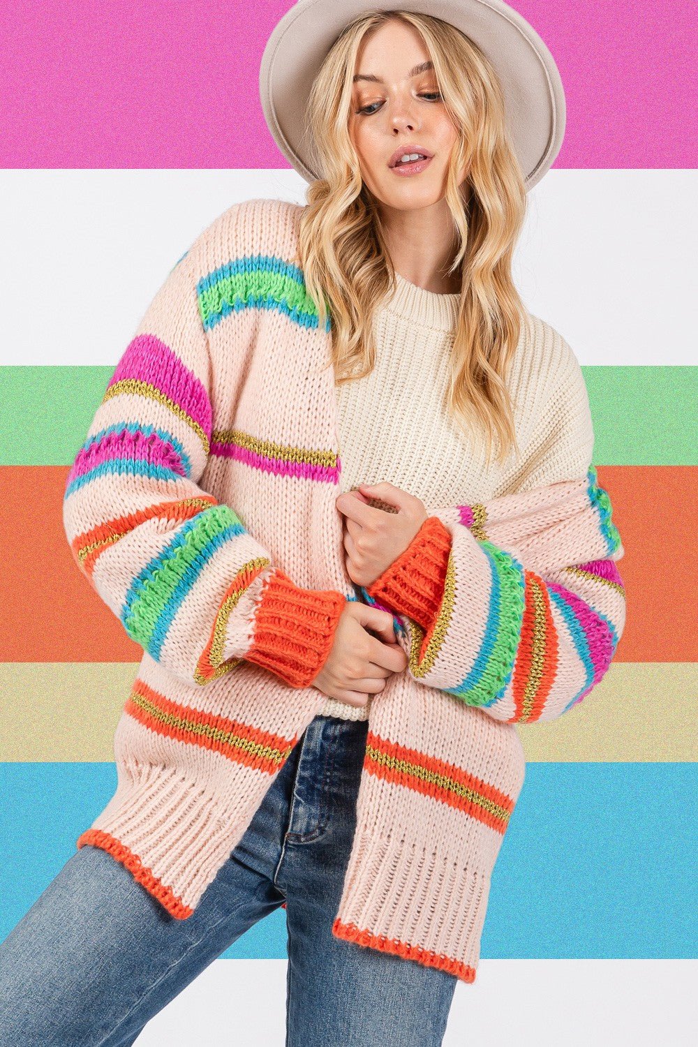 SAGE+FIG - Rainbow Striped Open Front Knit Cardigan