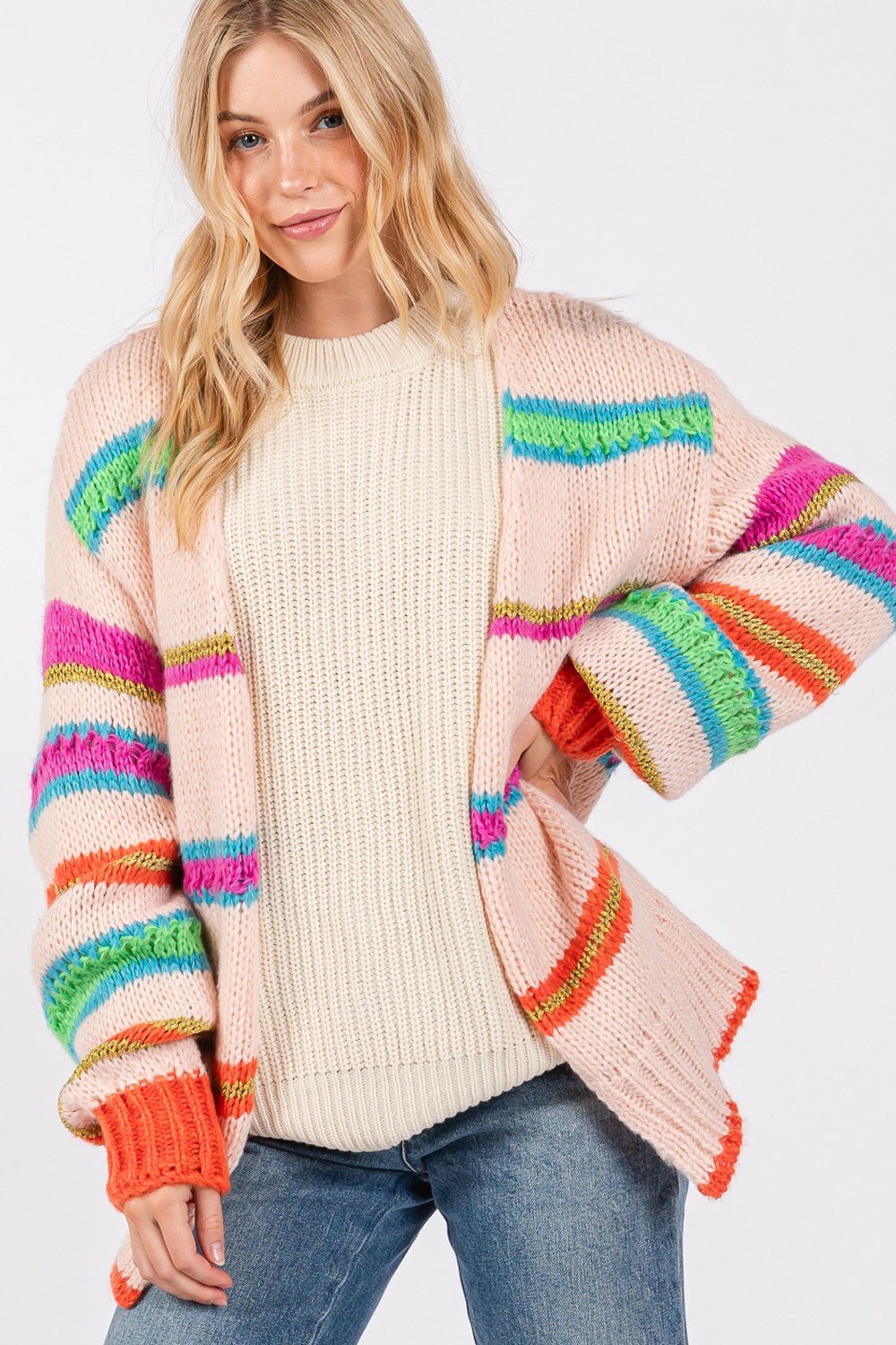 SAGE+FIG - Rainbow Striped Open Front Knit Cardigan