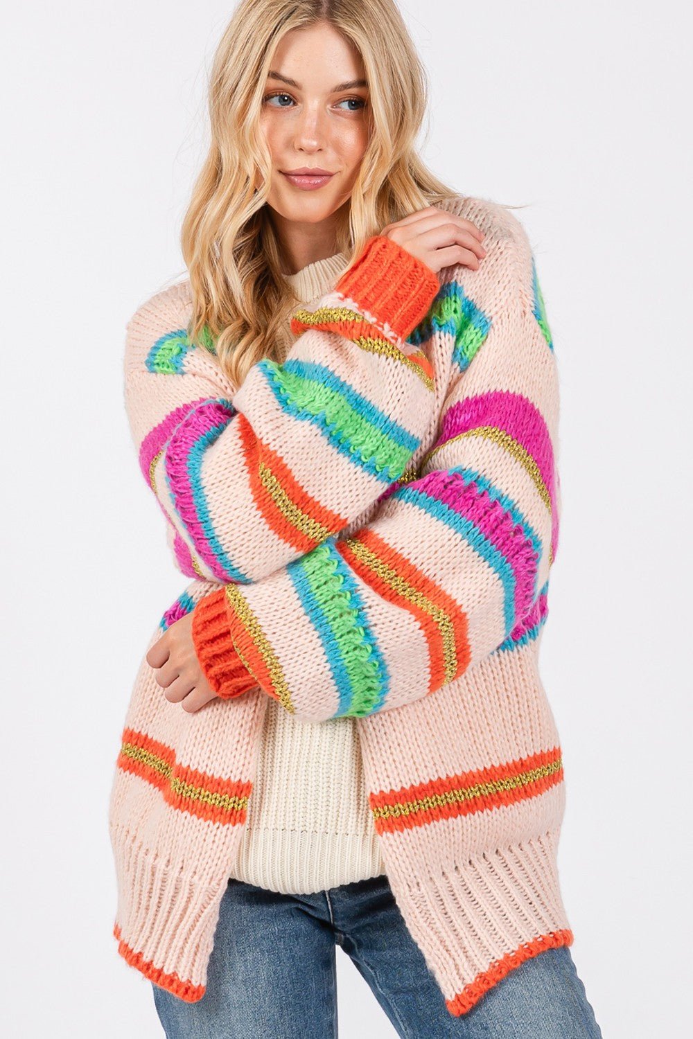 SAGE+FIG - Rainbow Striped Open Front Knit Cardigan