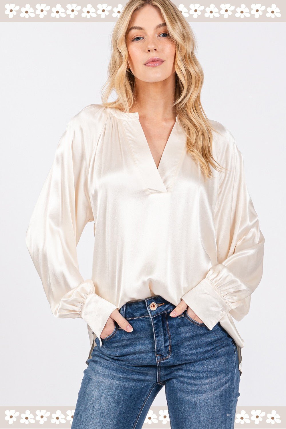 SAGE+FIG - Split Neck Long Sleeve Blouse in Ivory