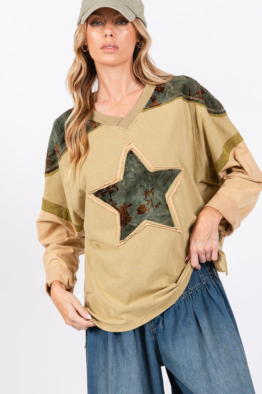 SAGE+FIG - Star Patch Long Sleeve Color Block T - Shirt in Olive