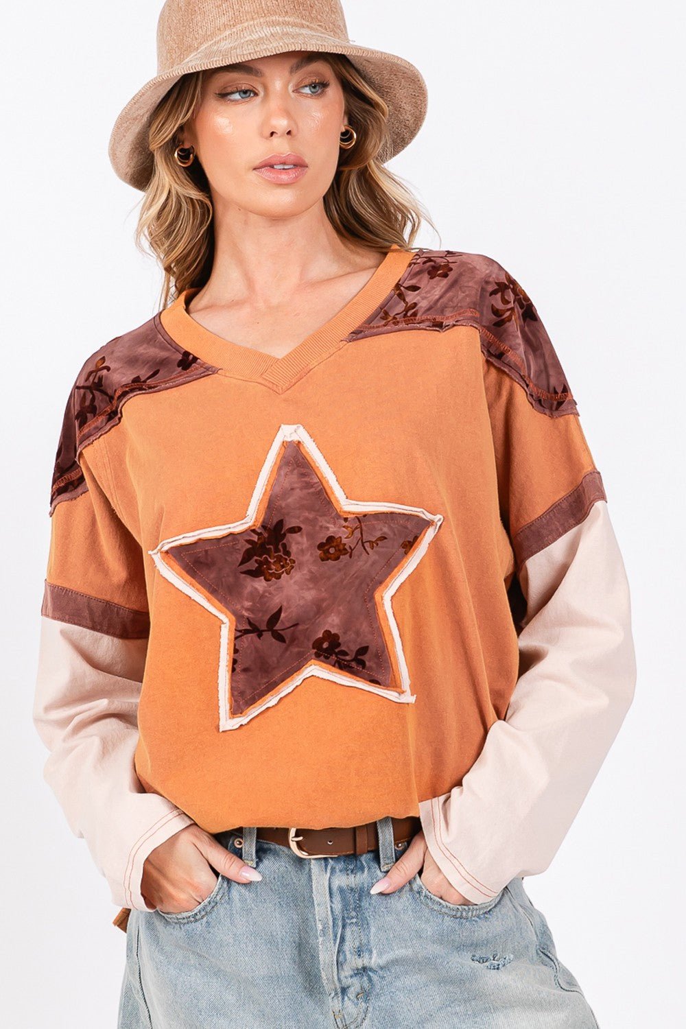 SAGE+FIG - Star Patch Long Sleeve Color Block T - Shirt in Rust