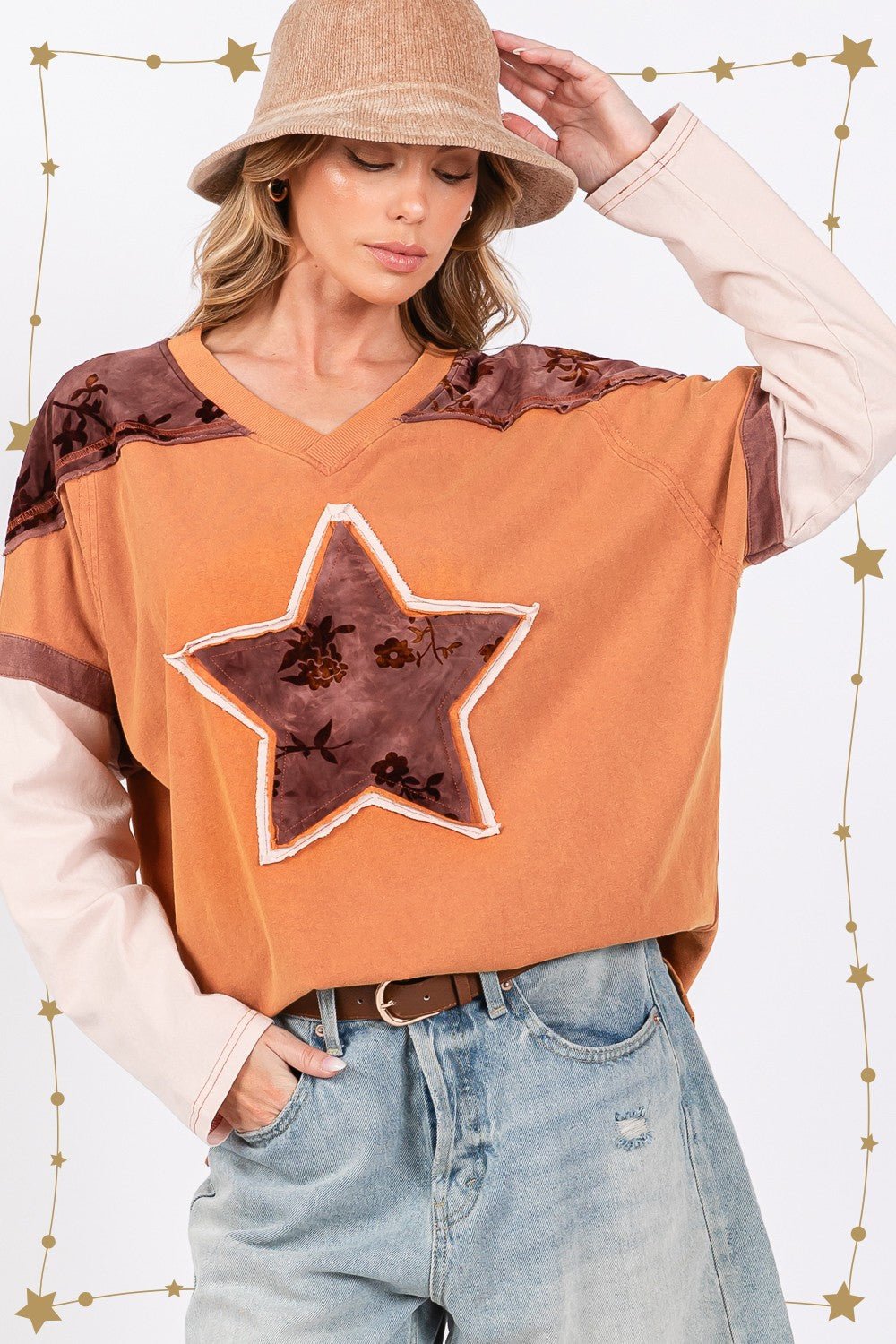 SAGE+FIG - Star Patch Long Sleeve Color Block T - Shirt in Rust