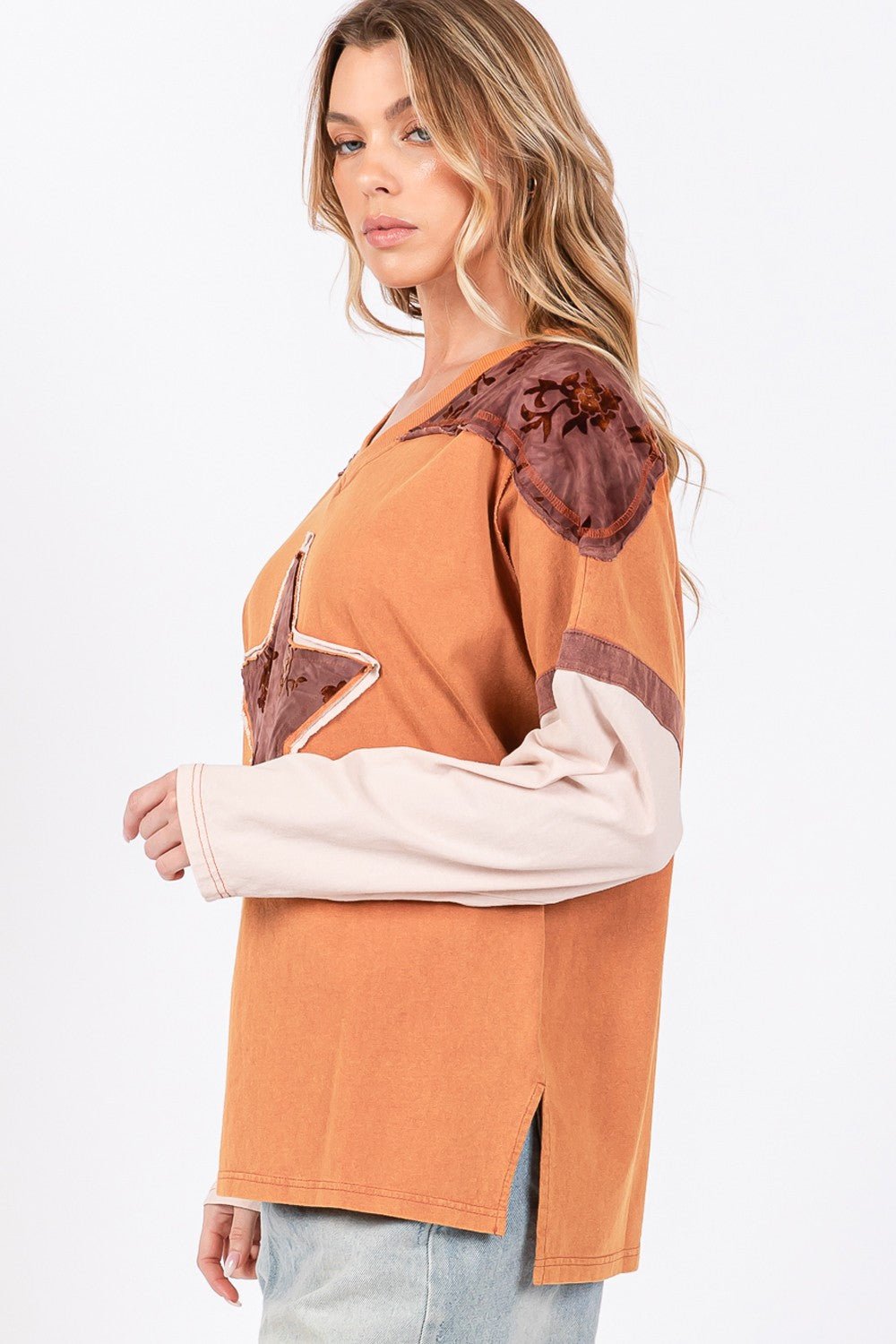 SAGE+FIG - Star Patch Long Sleeve Color Block T - Shirt in Rust