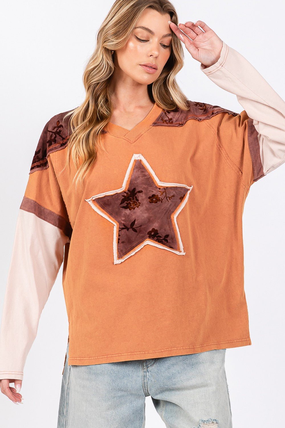 SAGE+FIG - Star Patch Long Sleeve Color Block T - Shirt in Rust