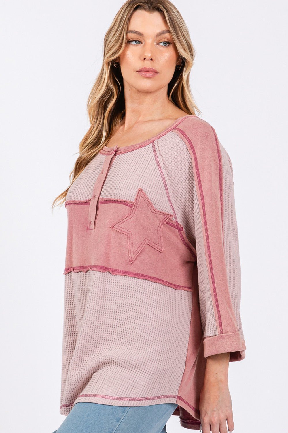 SAGE+FIG - Star Patch Waffle Knit Top in Mauve