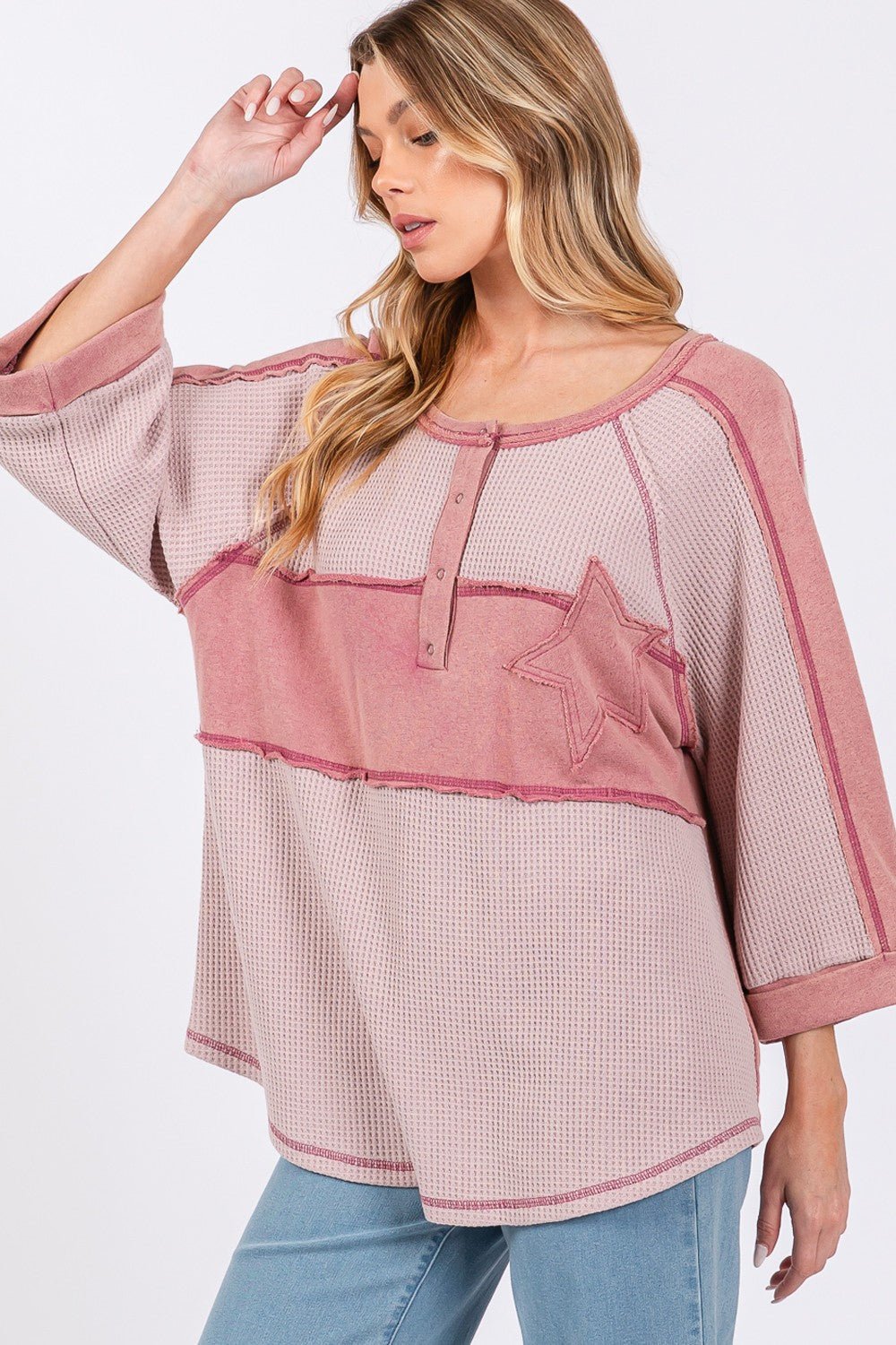 SAGE+FIG - Star Patch Waffle Knit Top in Mauve