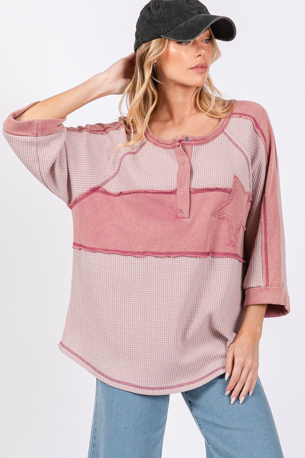 SAGE+FIG - Star Patch Waffle Knit Top in Mauve