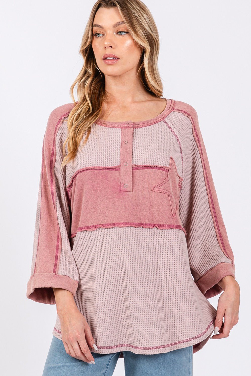 SAGE+FIG - Star Patch Waffle Knit Top in Mauve