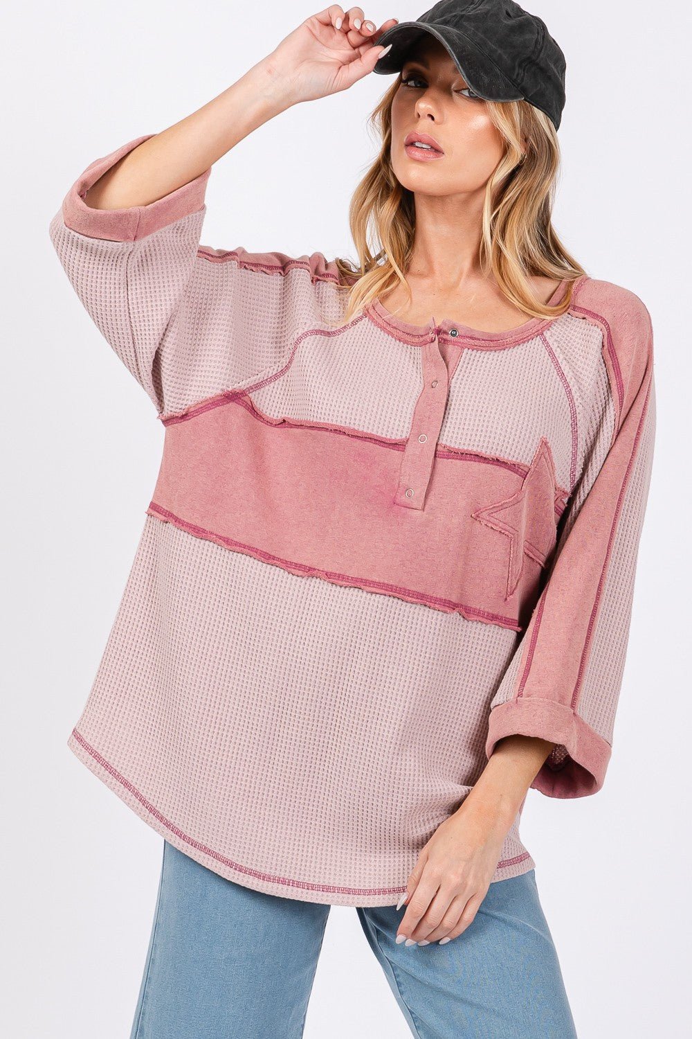 SAGE+FIG - Star Patch Waffle Knit Top in Mauve