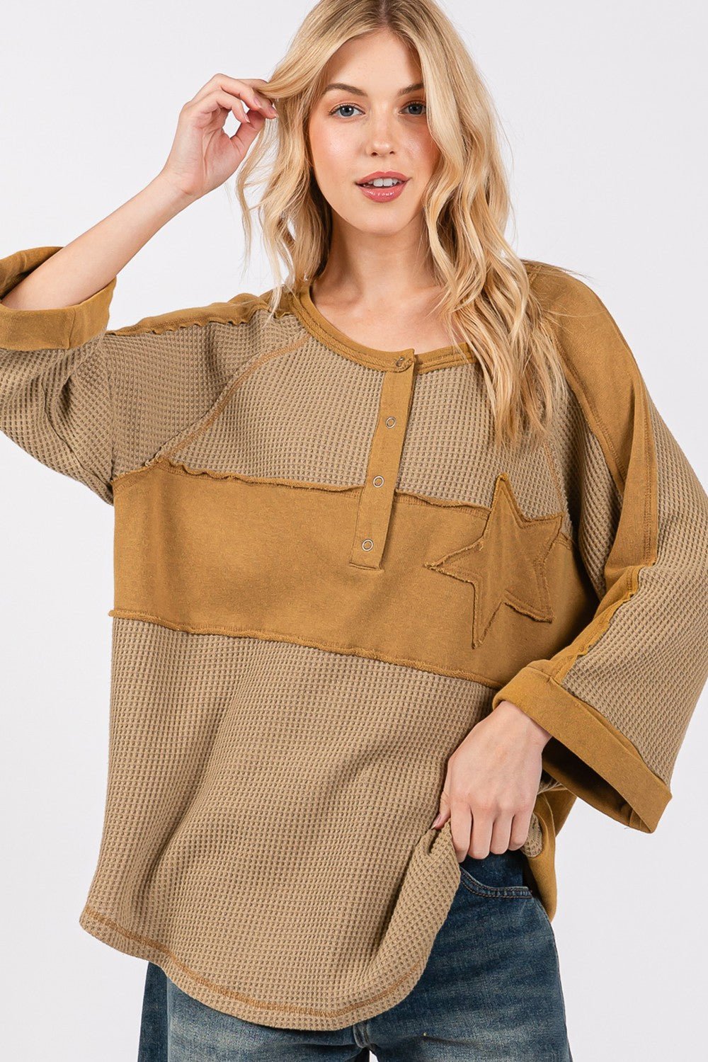 SAGE+FIG - Star Patch Waffle Knit Top in Olive