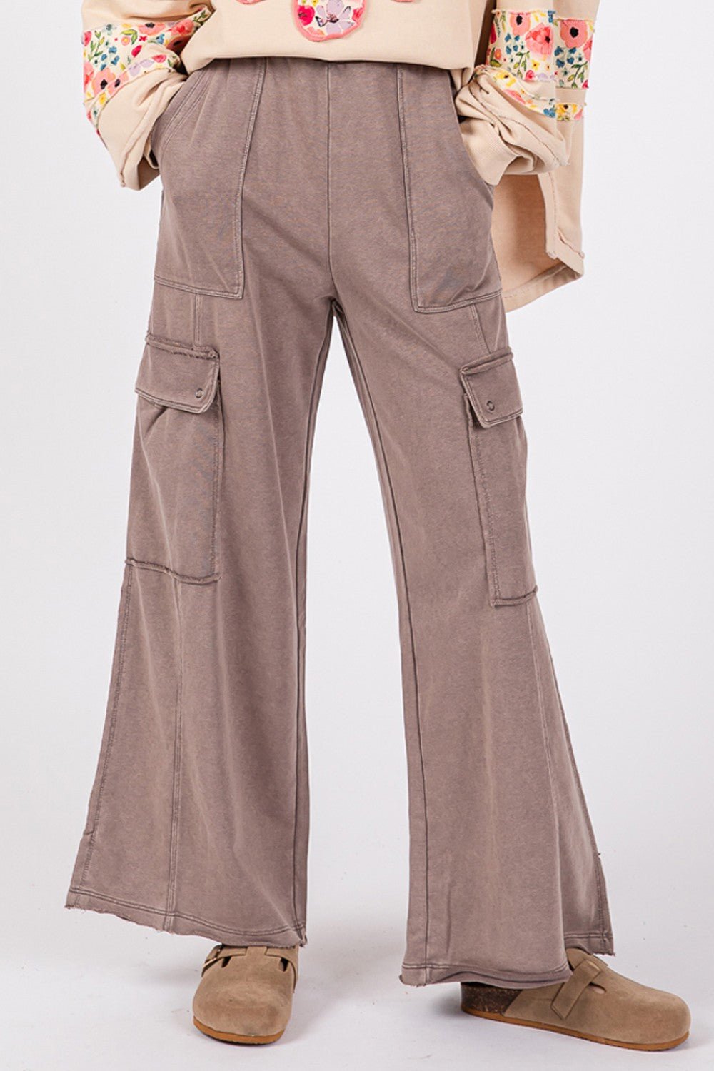 SAGE+FIG - Terry Knit Mineral Wash Wide Leg Pants in Charcoal