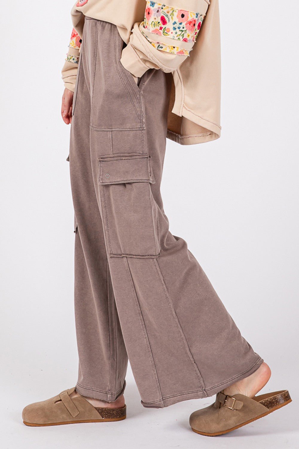 SAGE+FIG - Terry Knit Mineral Wash Wide Leg Pants in Charcoal