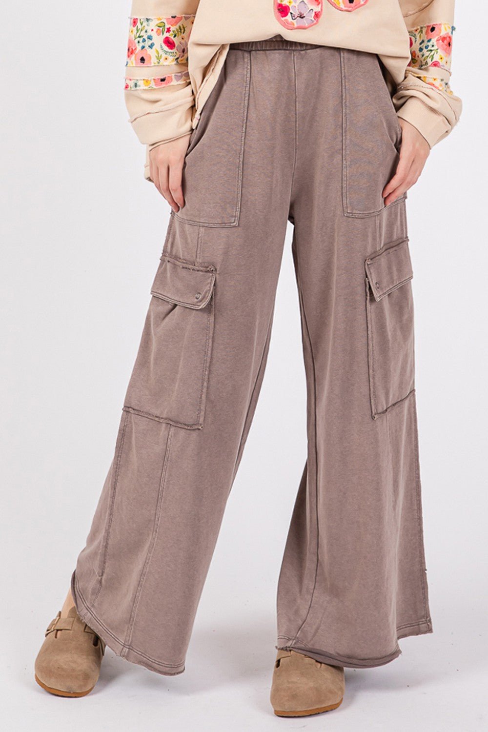 SAGE+FIG - Terry Knit Mineral Wash Wide Leg Pants in Charcoal