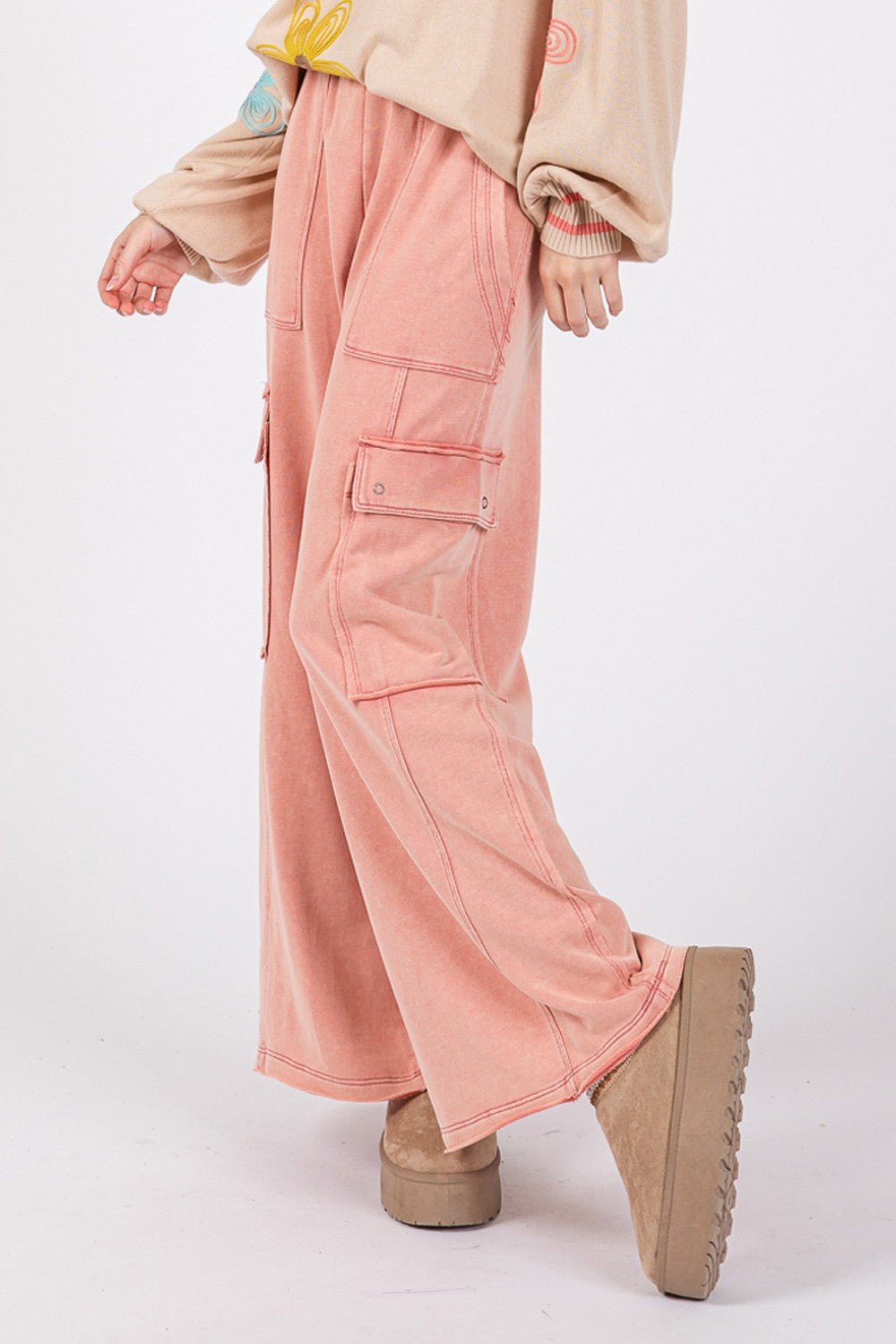 SAGE+FIG - Terry Knit Mineral Wash Wide Leg Pants in Rose