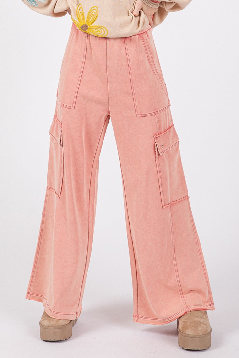 SAGE+FIG - Terry Knit Mineral Wash Wide Leg Pants in Rose