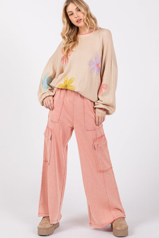 SAGE+FIG - Terry Knit Mineral Wash Wide Leg Pants in Rose