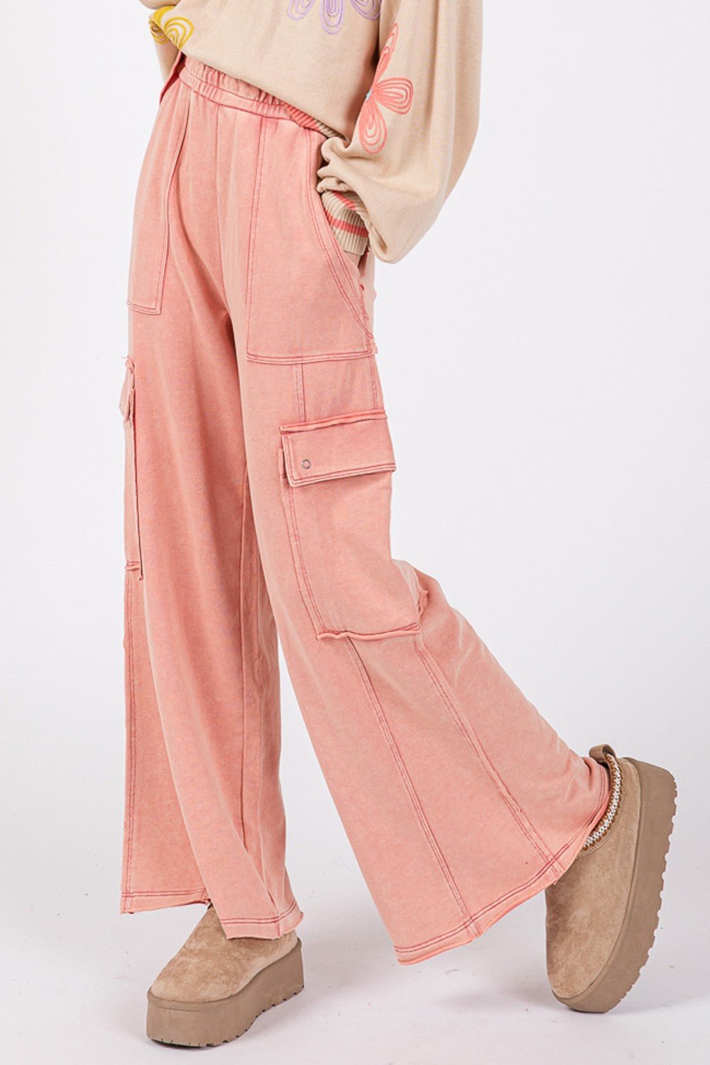 SAGE+FIG - Terry Knit Mineral Wash Wide Leg Pants in Rose