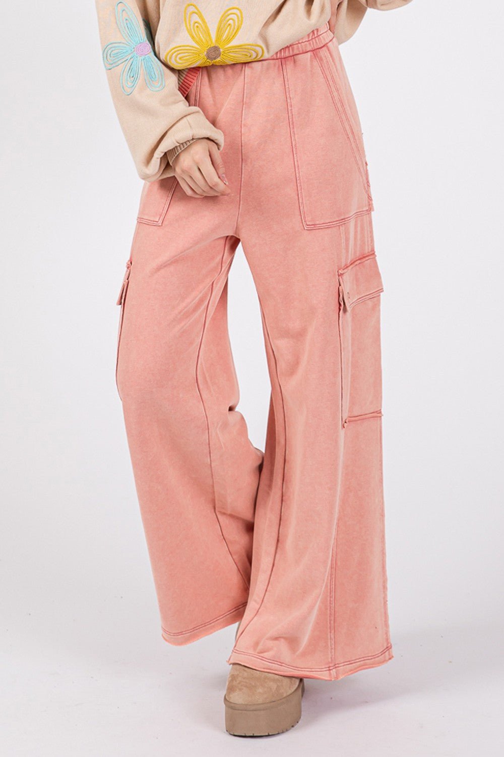 SAGE+FIG - Terry Knit Mineral Wash Wide Leg Pants in Rose