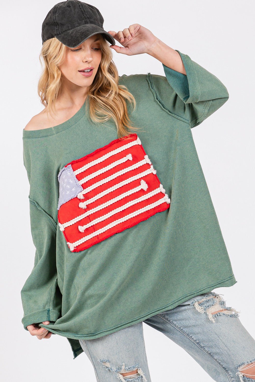 SAGE+FIGAmerican Flag Patch Drop Shoulder T - Shirt in Teal