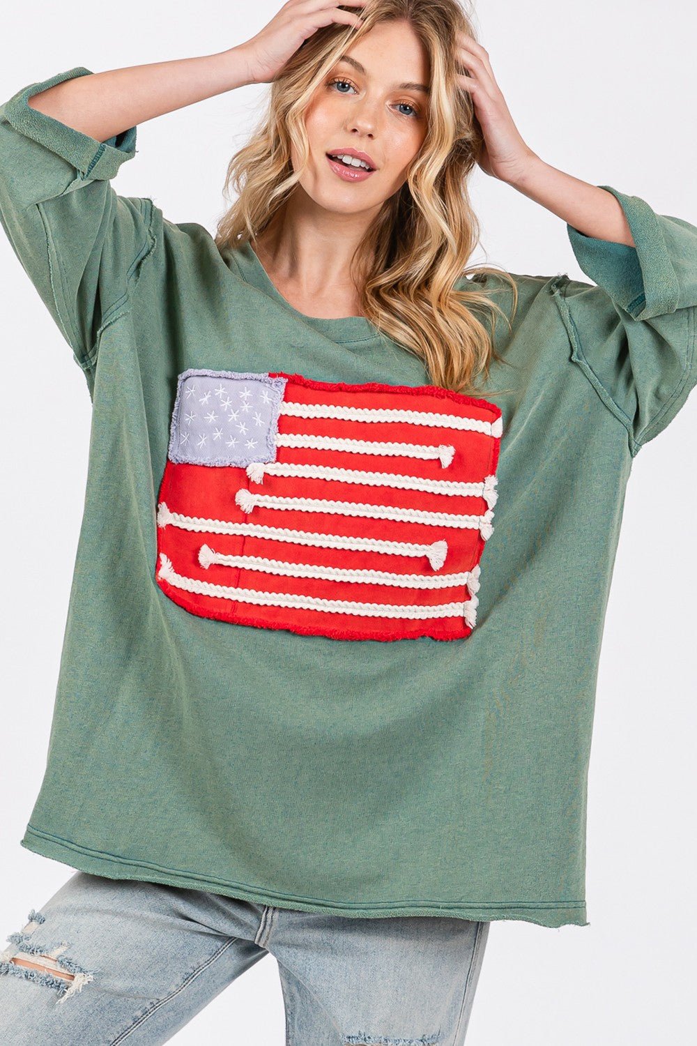 SAGE+FIGAmerican Flag Patch Drop Shoulder T - Shirt in Teal