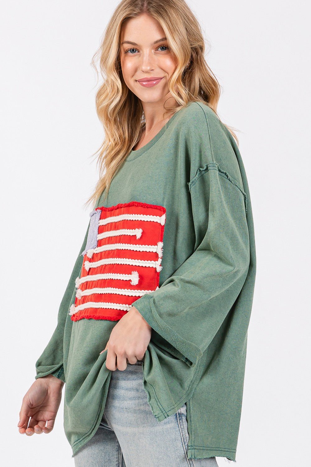 SAGE+FIGAmerican Flag Patch Drop Shoulder T - Shirt in Teal