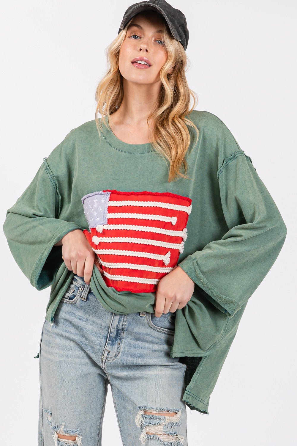 SAGE+FIGAmerican Flag Patch Drop Shoulder T - Shirt in Teal