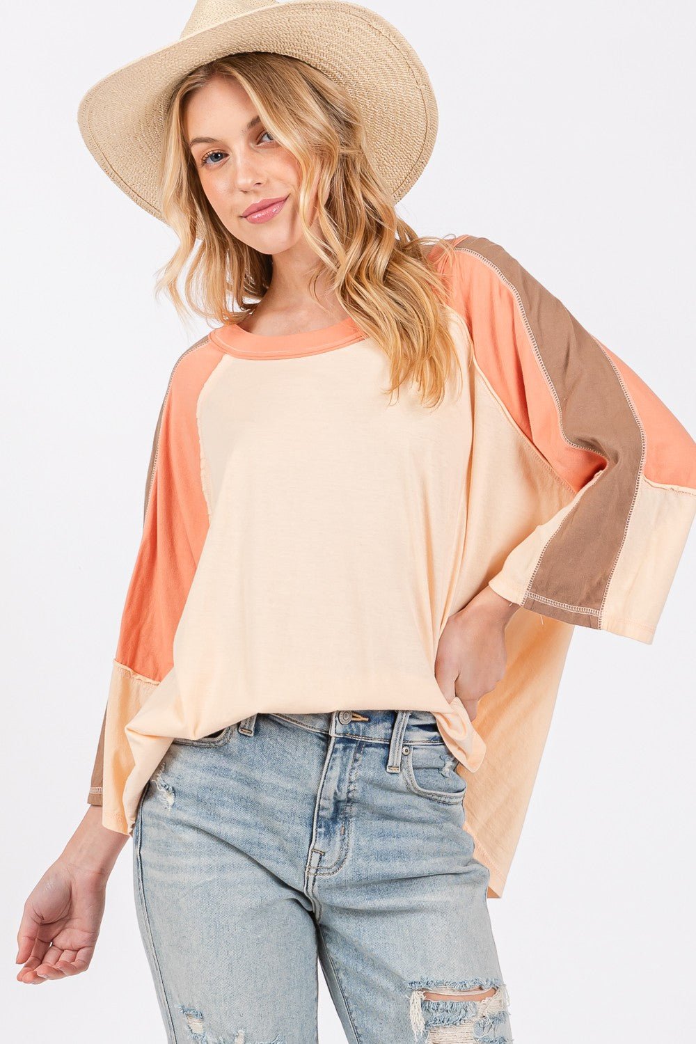 SAGE+FIGColor Block Curved Hem T - Shirt in Honey