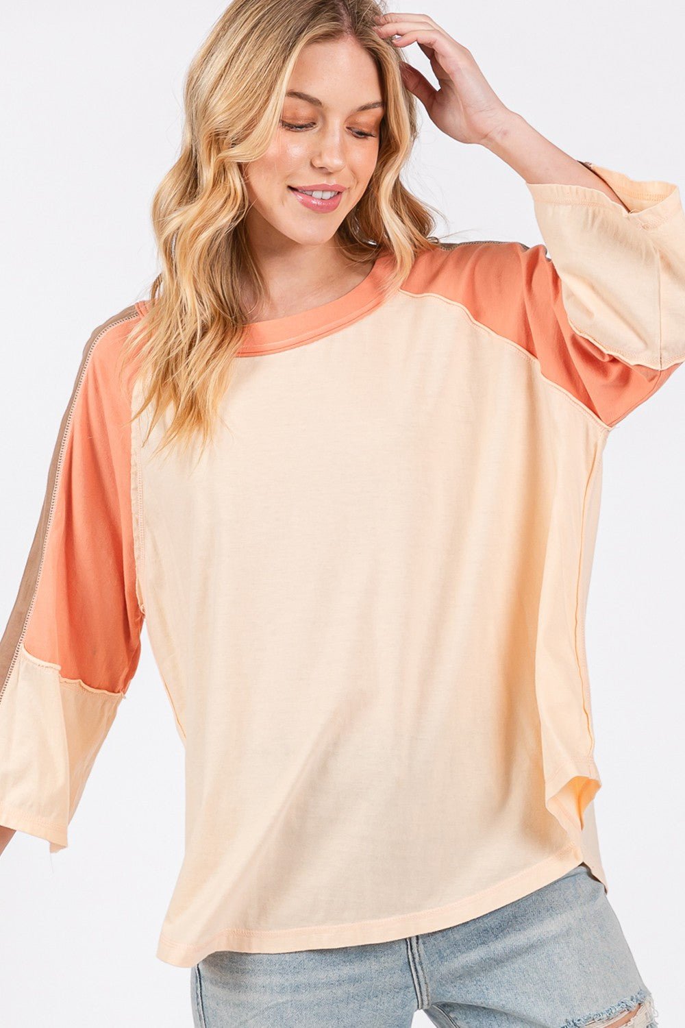 SAGE+FIGColor Block Curved Hem T - Shirt in Honey