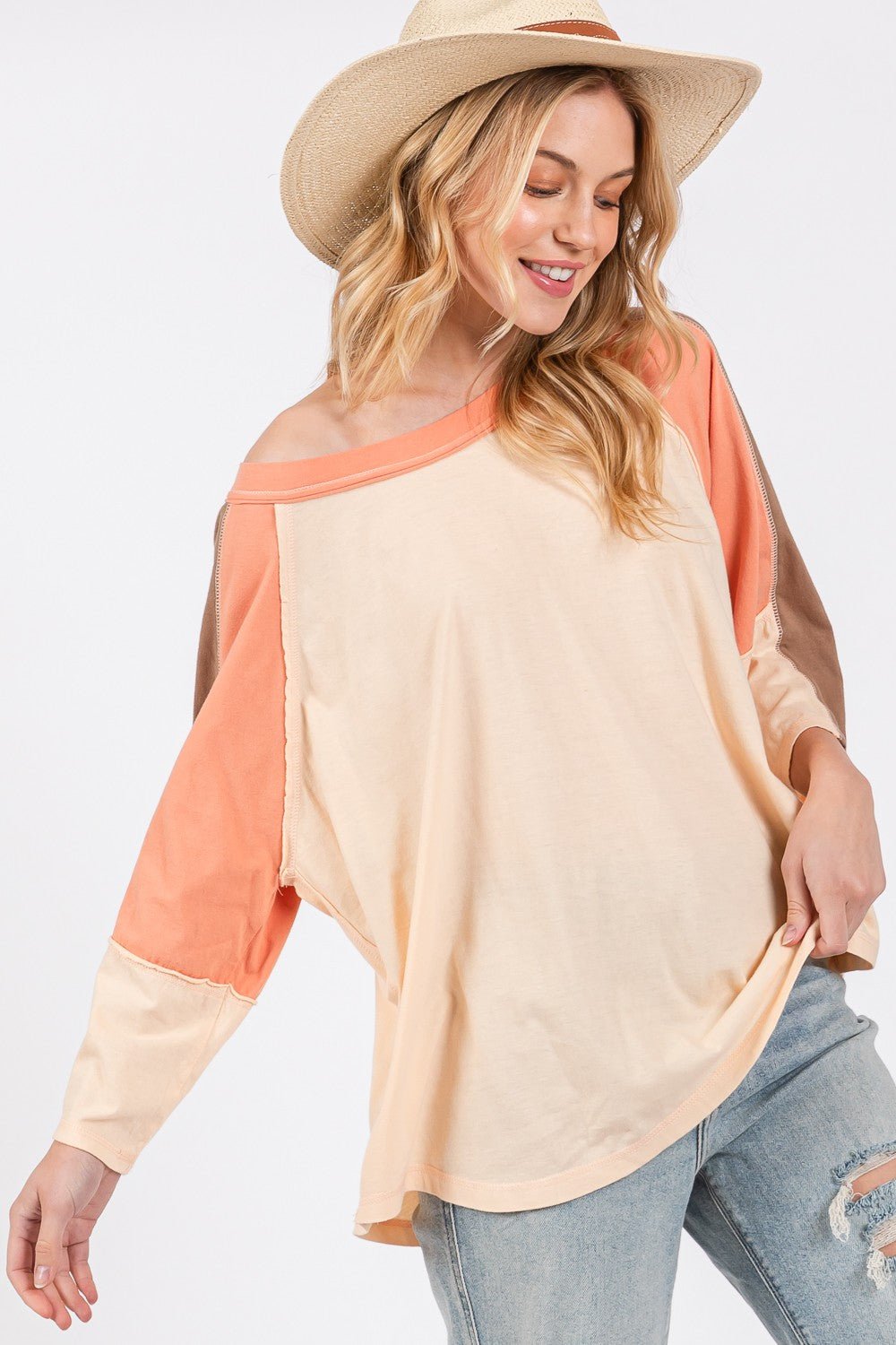 SAGE+FIGColor Block Curved Hem T - Shirt in Honey