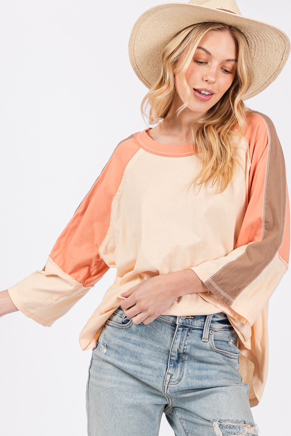 SAGE+FIGColor Block Curved Hem T - Shirt in Honey