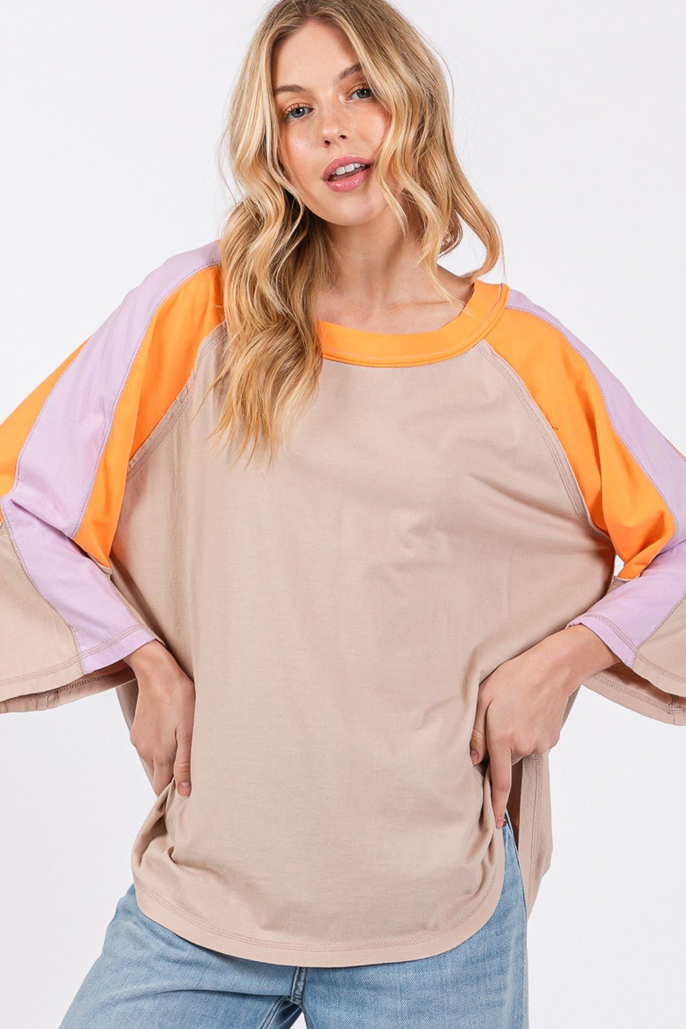 SAGE+FIGColor Block Curved Hem T - Shirt in Latte