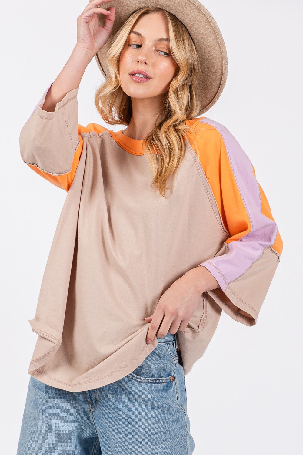 SAGE+FIGColor Block Curved Hem T - Shirt in Latte