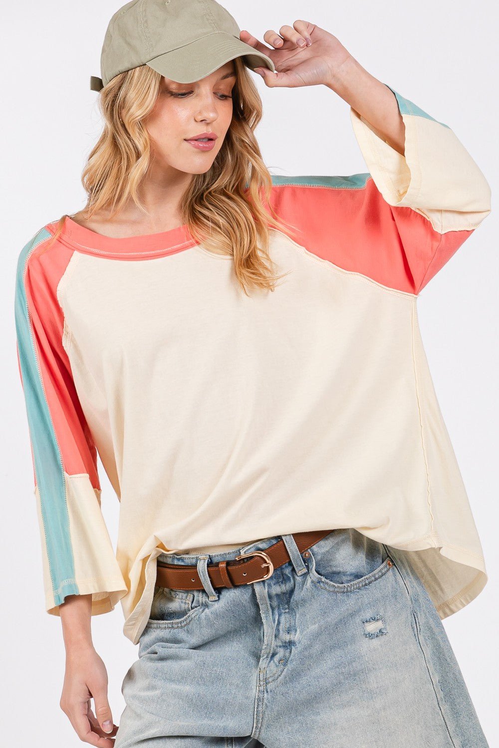 SAGE+FIGColor Block Curved Hem T - Shirt in Magnolia