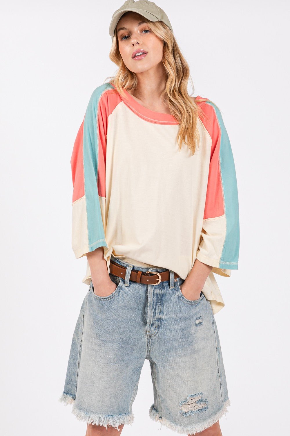 SAGE+FIGColor Block Curved Hem T - Shirt in Magnolia