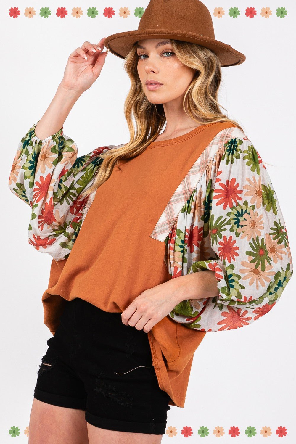 SAGE+FIGPrinted Balloon Sleeve Contrast Top in Caramel