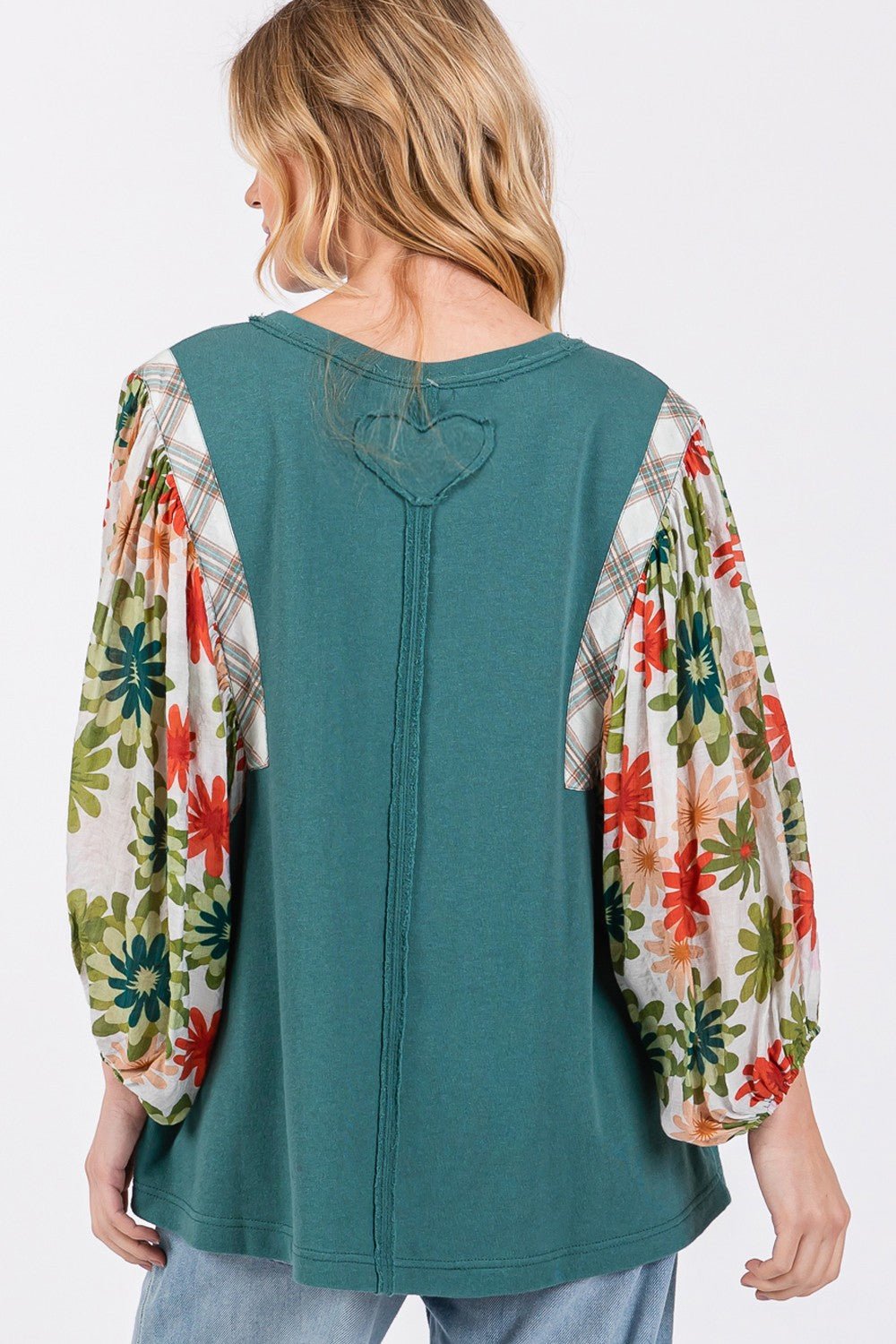 SAGE+FIGPrinted Balloon Sleeve Contrast Top in Teal