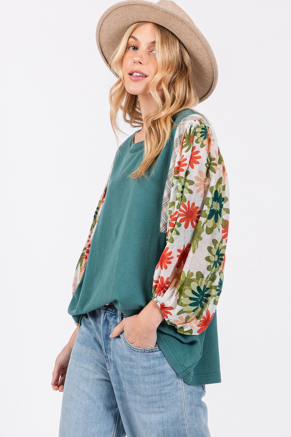 SAGE+FIGPrinted Balloon Sleeve Contrast Top in Teal