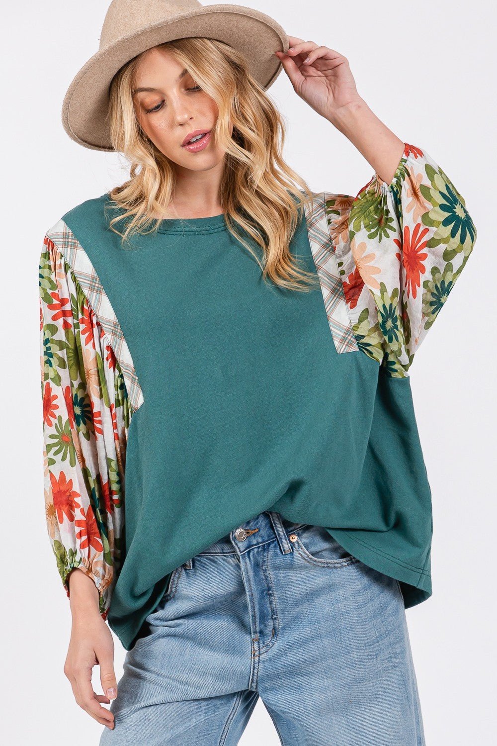 SAGE+FIGPrinted Balloon Sleeve Contrast Top in Teal