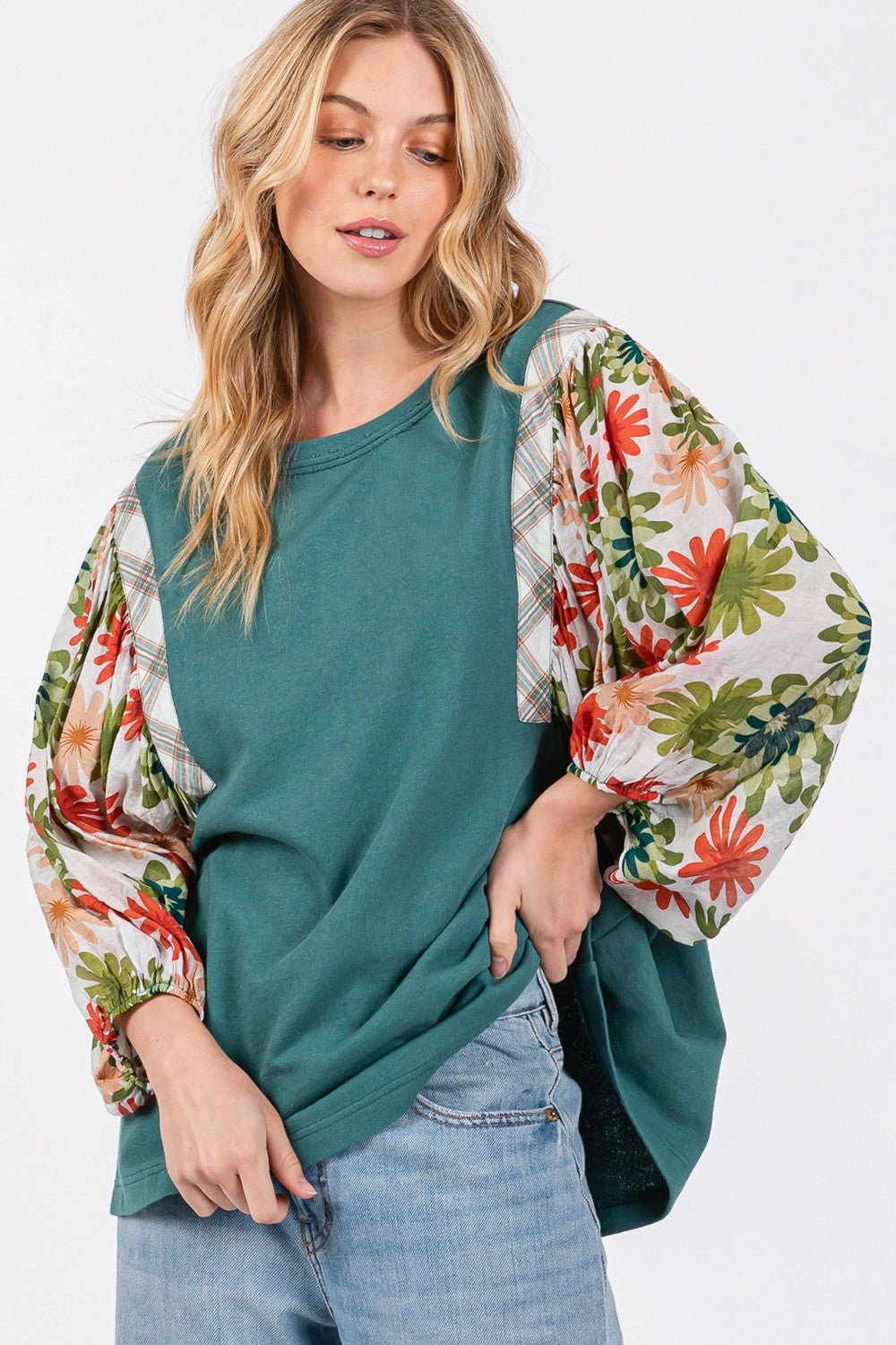 SAGE+FIGPrinted Balloon Sleeve Contrast Top in Teal