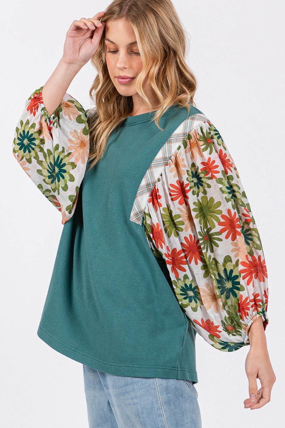 SAGE+FIGPrinted Balloon Sleeve Contrast Top in Teal