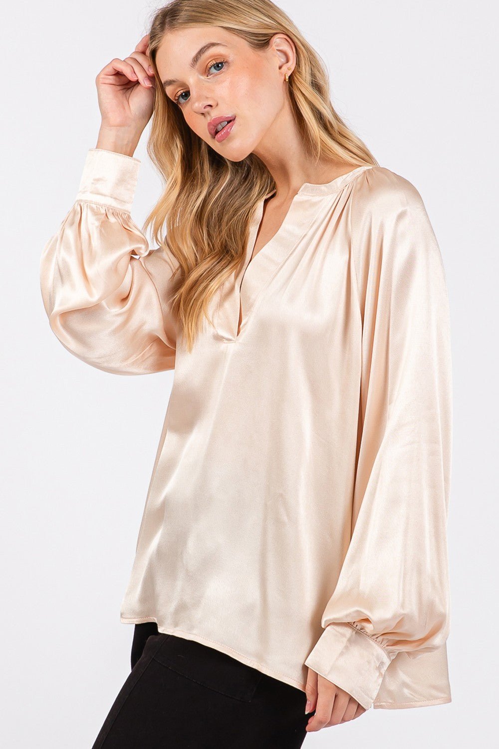 SAGE+FIGSplit Neck Long Sleeve Blouse in Champagne