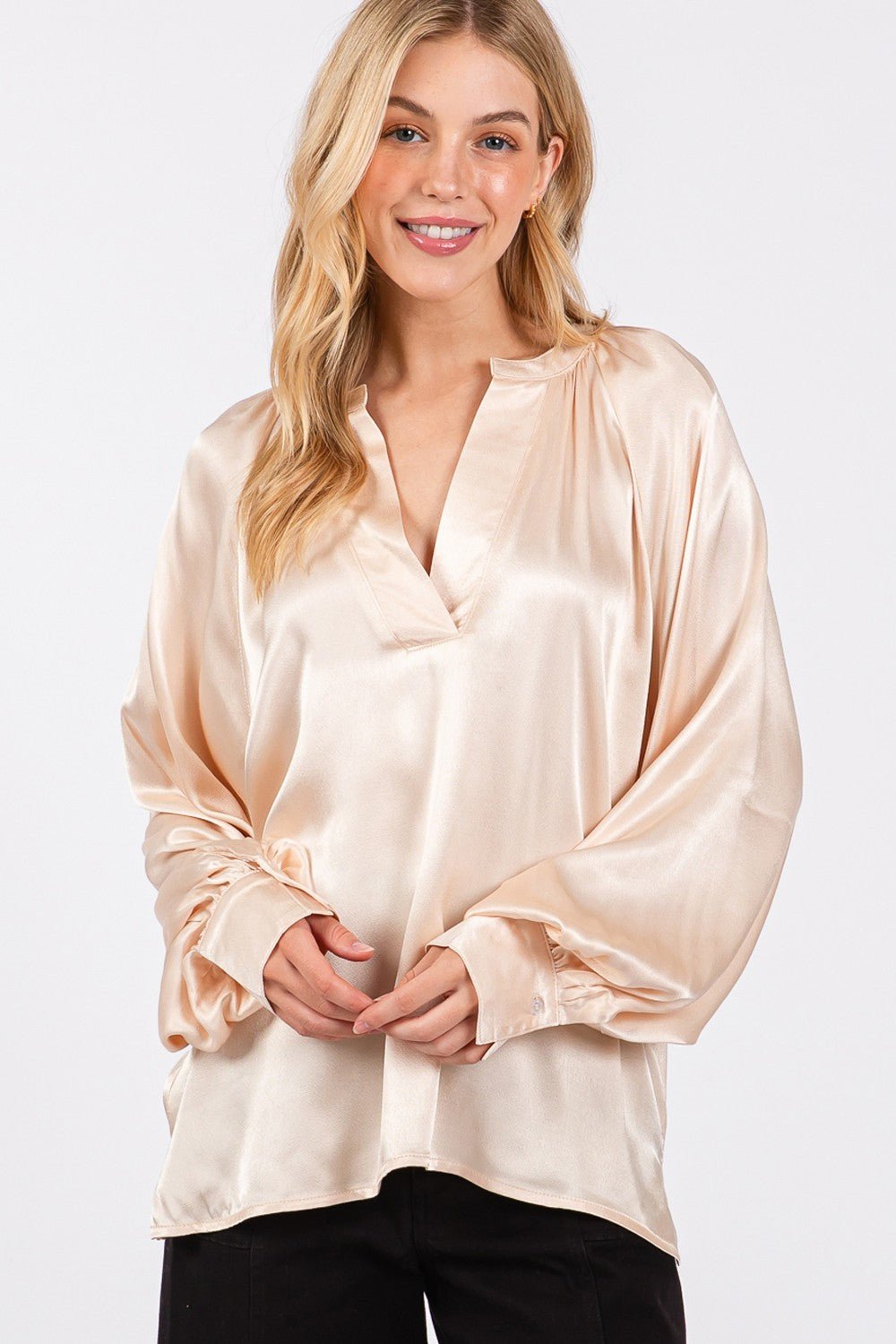 SAGE+FIGSplit Neck Long Sleeve Blouse in Champagne