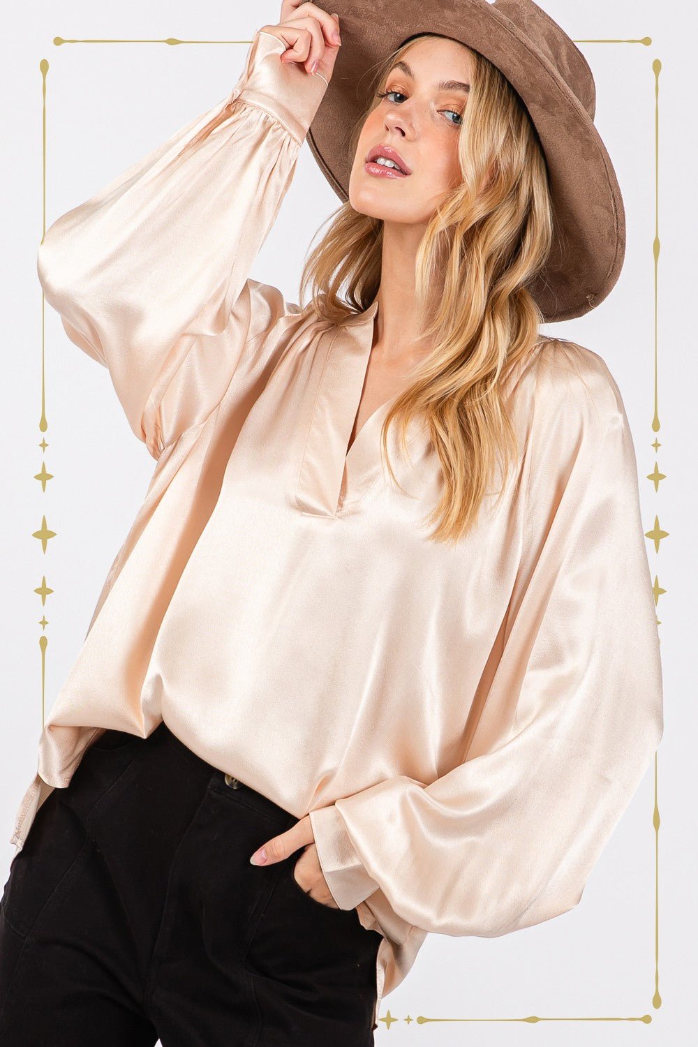 SAGE+FIGSplit Neck Long Sleeve Blouse in Champagne