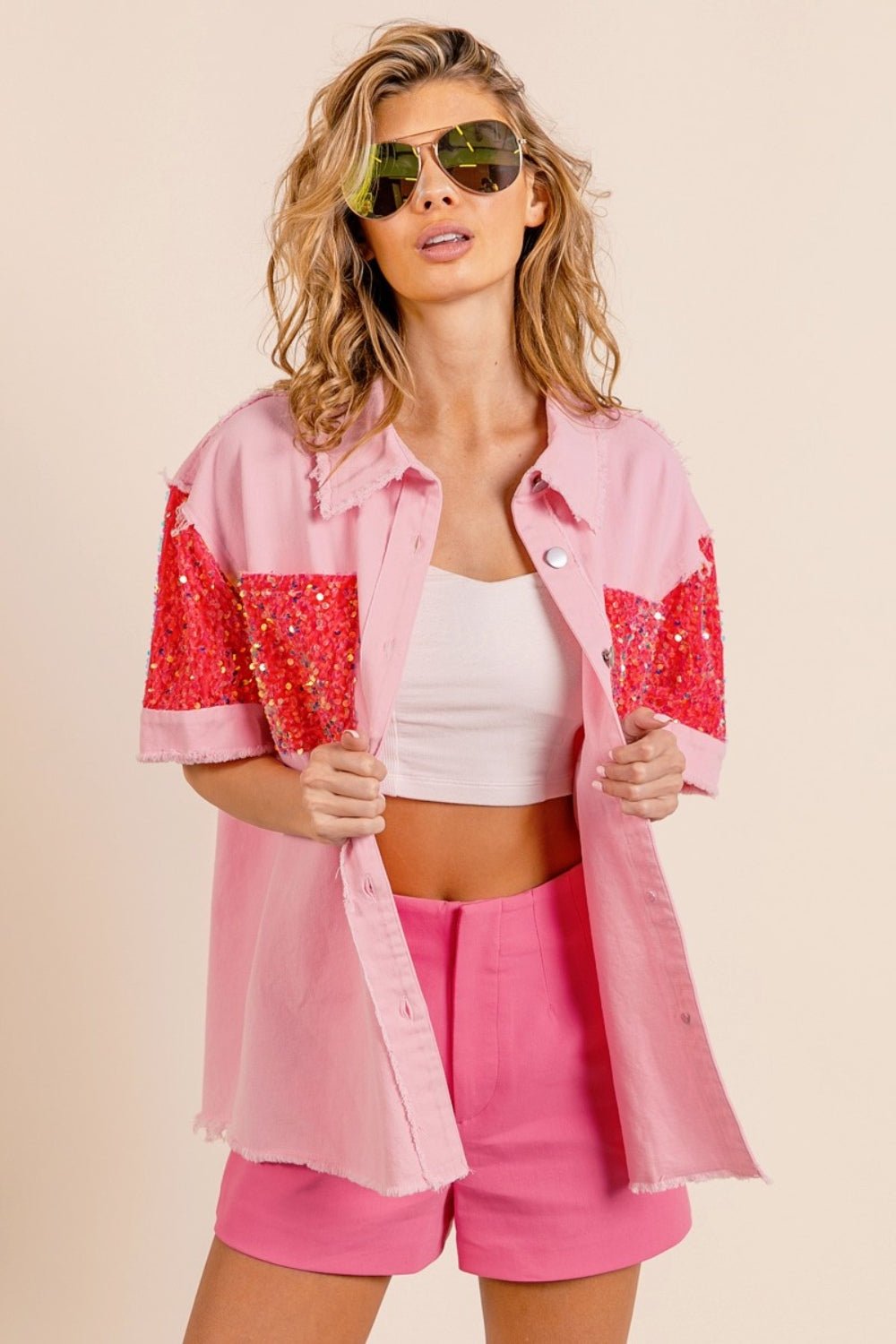 Sequin Detail Raw Hem Short Sleeve Shirt in Pink FuchsiaShirtBiBi