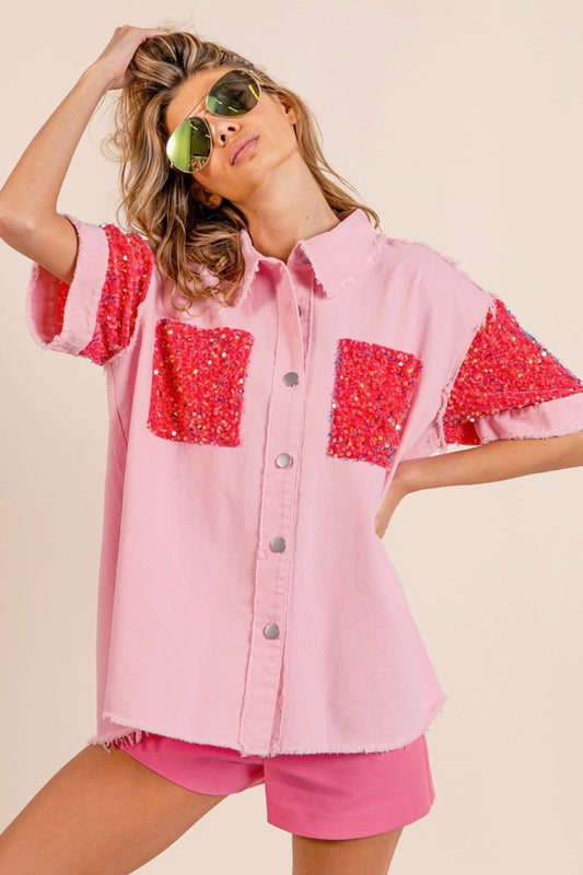 Sequin Detail Raw Hem Short Sleeve Shirt in Pink FuchsiaShirtBiBi