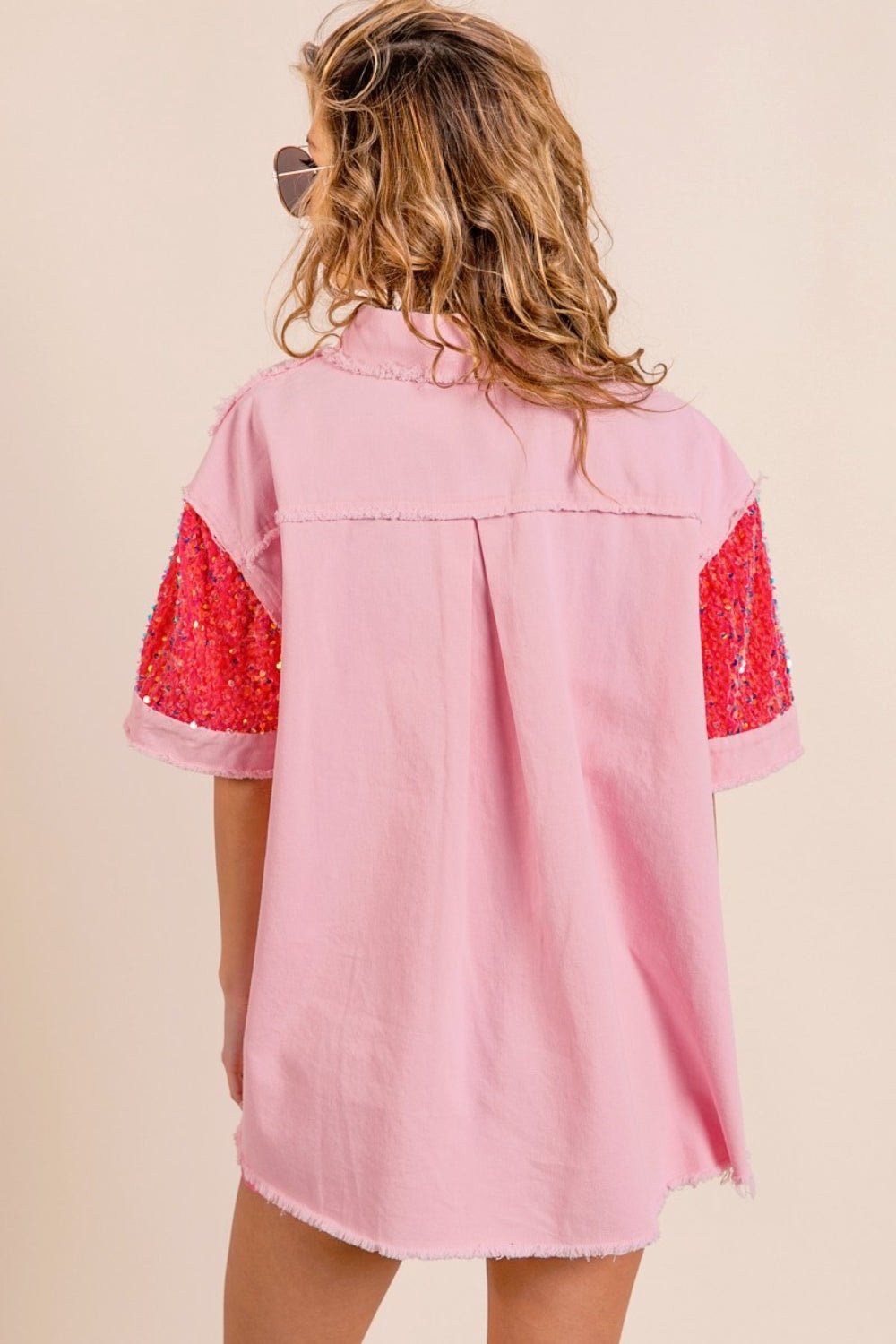Sequin Detail Raw Hem Short Sleeve Shirt in Pink FuchsiaShirtBiBi