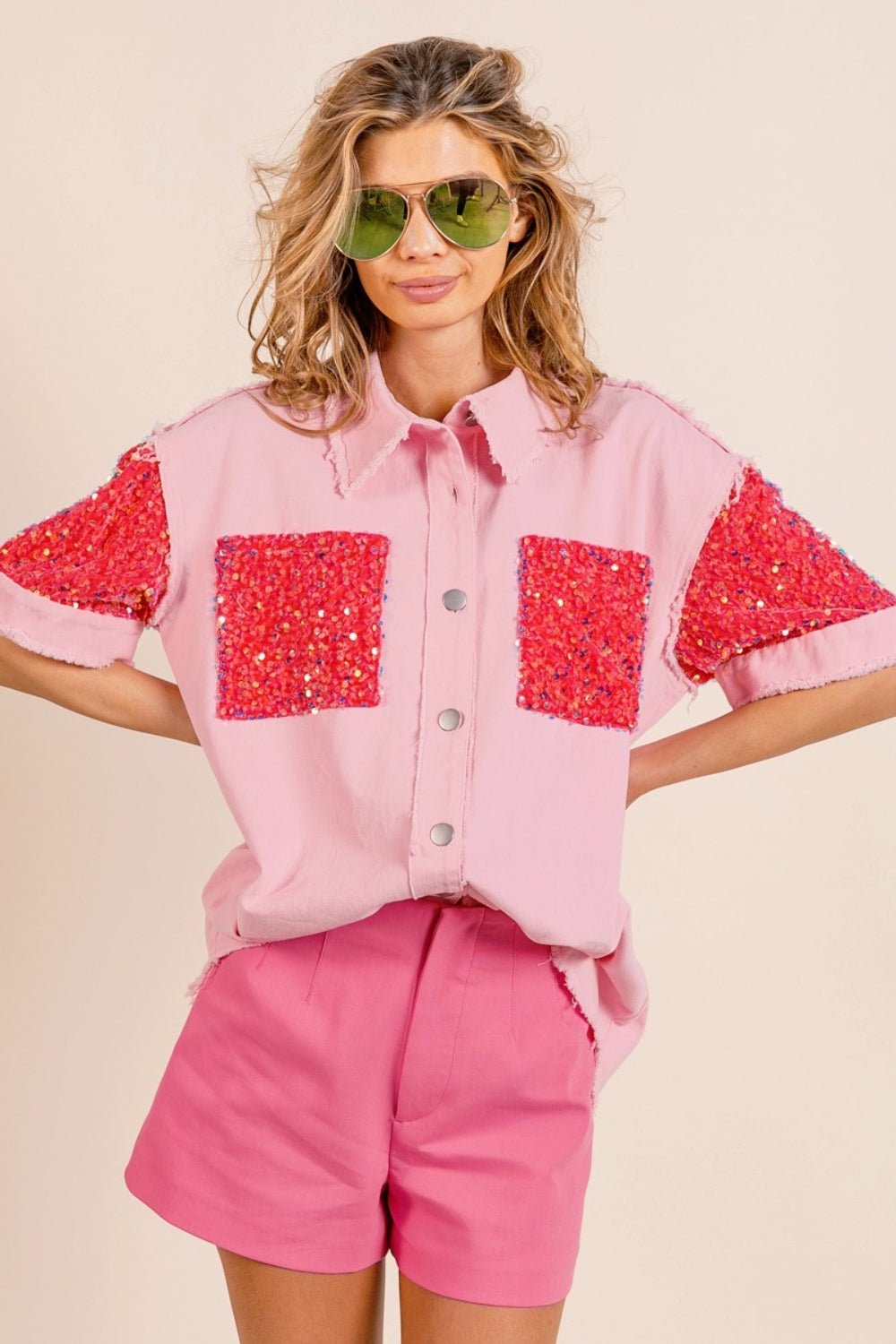 Sequin Detail Raw Hem Short Sleeve Shirt in Pink FuchsiaShirtBiBi